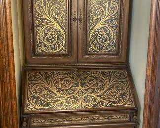 Black/Brown with brass inlaid filigree breakfront Credenza 84" x 40" x 27" 