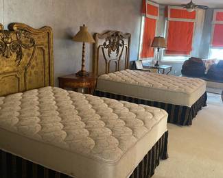 Queen Size Beds, Guilt  carved wood  wall mounted headboards. 