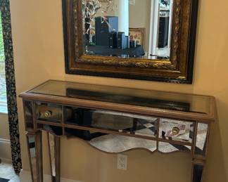 32 x 37 black and gold mirror                                                         
 36 x 42 x13 mirrored and wood hallway tables