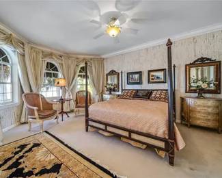 King Size Four Poster Bed Two Gold and White Demilune four drawer Dressers