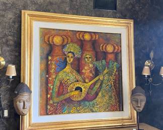 Olivia Garcia Mixed Media Painting signed on Front and Back, Native faces, metal and concrete console table