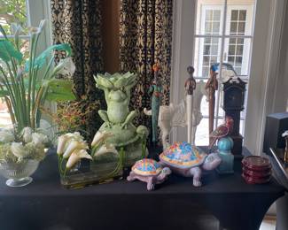 Coastal Decor, Frogs, Turtles, hand carved figures