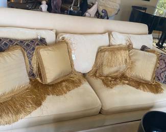 Henredon Golden Goose Down High back Sofa (Pale Gold), Gold Fringe pillows, black and gold decorative pillows