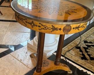 33" three leg wood  marquetry inlaid table 