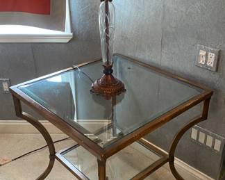 Metal and wood Side table with glass and metal lamp