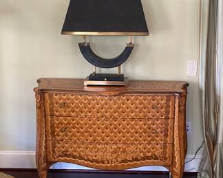 Pair of 3 Drawer Italian Inlaid Commode 35" x 15" x19" 
   Vintage Gold and Black Table Lamps 26 1/2" x 23"