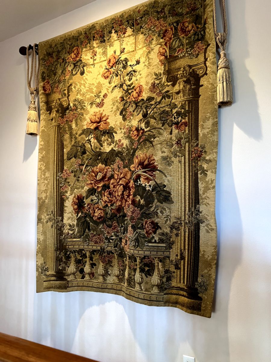 Ex lg European Tapestry from Eze France, 53" w x 73" h shades of sage, ivory, rose, beige, ivory, wine.