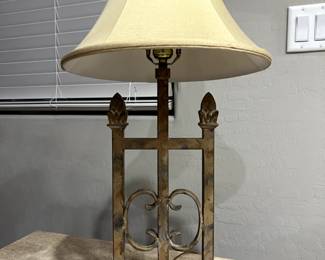 Lamp, marbled bronze base with bronze finial, ivory silk bell shade. 29" t