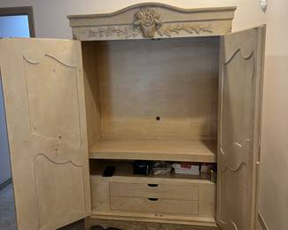 Kreiss furniture collection Xl French carved solid wood cabinet ivory/beige, incredible workmanship like new! 62"w x 90"h x 24"d for tv, display closet or multi use. 2 large shelves, 2 large drawers.