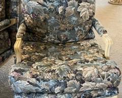 Kreiss Furniture Collection, Set of 2 high end French carved & upholstered chairs, oversized. 36"t x 38"w x 32"d, removable back & bottom cushions. Like new condition, heavy tapestry fabric sage, ivory, plum teal.