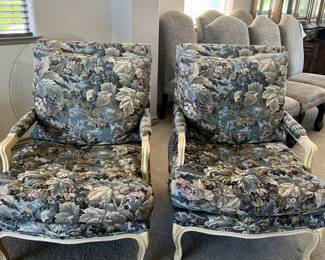 Kreiss Furniture Collection, Set of 2 high end French carved & upholstered chairs, oversized. 36"t x 38"w x 32"d, removable back & bottom cushions. Like new condition, heavy tapestry fabric sage, ivory, plum teal.