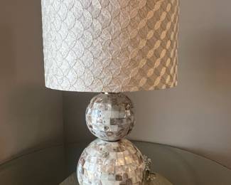 Lamps set of 2, mother of pearl & lucite base,  ivory, cream, beige, taupe, woven beige cylinder shades,  round glass finial, 26" t