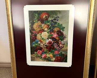 Floral Print, multi color,  matted in ivory & wine, with lux gold lame frame.  36" w x 48" h