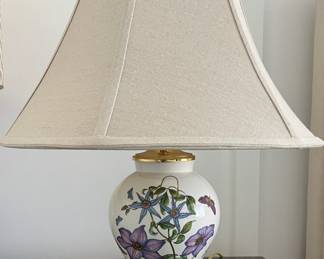 Portmeirion China Lamp, Botanic garden collection, lavender, plum, shades of green on ivory with gold base, ivory linen bell shade & gold finial. 24" t