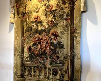 Ex lg European Tapestry from Eze France, 53" w x 73" h shades of sage, ivory, rose, beige, ivory, wine.
