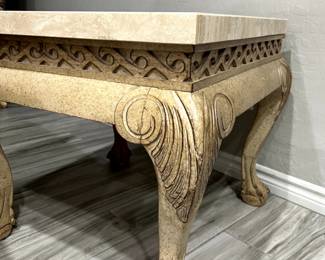 26" Square Marble end/accent table, shades of Ivory & beige marble top.  Top is separate from base, wooden base has curved, carved legs shades of ivory, beige, bronze.