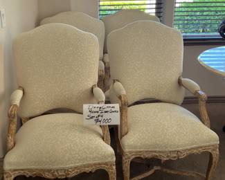 Kreiss furniture collection, set of 4 elegant French upholstered dining chairs, ivory/cream fabric, carved crackled beige wood arms and legs, very good condition, 24"w x 22"d x 43"h