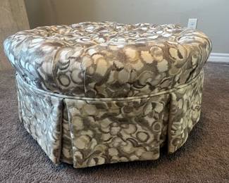 Large Accent stool on wheels, 33" round x 31" h, lux tapestry fabric shades of ivory, beige, taupe, pleated skirt
