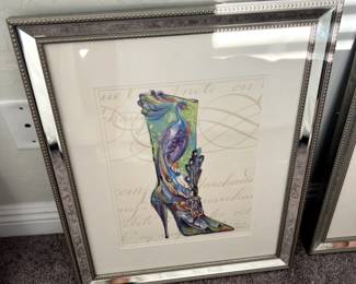 Multi colored boot high heel print, signed and numbered #161/250, 18"w x 22" tall, lux mirrored frame with ivory matte.