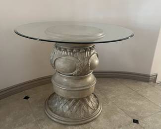 Entry or accent table, 36" round beveled glass top & sculpted cast base 20" round x 32" h,  ivory/beige with silver accents, will sell separately!