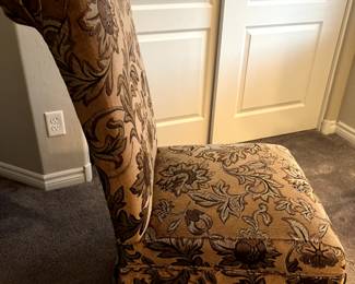 Dining Chairs set of 4, Armless, skirted, upholstered velvet, taupe, bronze, ivory, gold with leaf design, upholstered legs under skirt.   21"w x 21"d x 41" h, good condition.