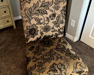Dining Chairs set of 4, Armless, skirted, upholstered velvet, taupe, bronze, ivory, gold with leaf design, upholstered legs under skirt.  21"w x 21"d x 41" h, Very good condition.