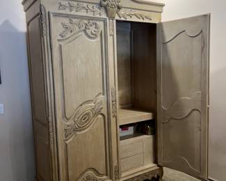 Kreiss furniture collection Xl French carved solid wood cabinet ivory/beige, incredible workmanship like new! 62"w x 90"h x 24"d for tv, display closet or multi use. 2 large shelves, 2 large drawers.