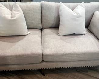 Pottery Barn French Leg Sofa 83"w x 34"d x 31" h, Performance weave linen light beige/taupe. LIKE NEW CONDITION. Includes 2 ivory linen accent pillows.