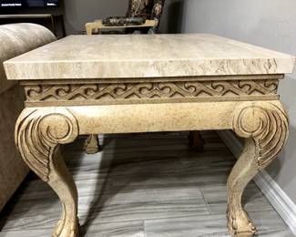 26" Square Marble end/accent table, shades of Ivory & beige marble top.  Top is separate from base, wooden base has curved, carved legs shades of ivory, beige, bronze.