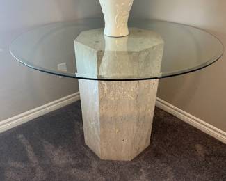 accent table, 32" round beveled glass top with beige/grey limestone octagon shaped base 28" t, will sell separately!