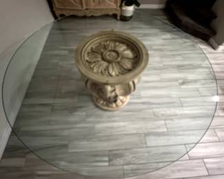 66" round beveled 1/2 inch tempered glass Dining table top, with 32' round carved sculpted wooden base, engraved leaf design on top, shades of beige & taupe, will sell pieces separately!