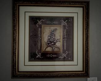 Botanical Art Large, 36" square, lux triple matte & 3.5" gold lame frame, picture shades of plum, ivory, lavender, burgundy