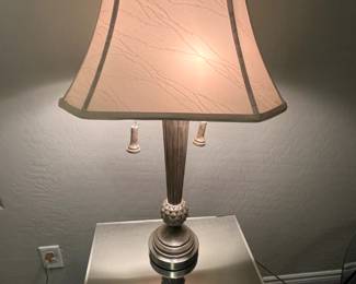 Lamp 2 bulb, grey wood & silver metal base with grey finial, beige shade. 31" t