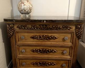 Night stand/end tables, set of 2 very large matching chests, beautiful taupe/espresso wood with thick  chocolate/ivory marble top. Top has curved front edges, 34"w x 20"d x 30"t 
