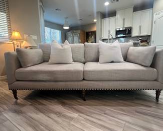 Pottery Barn French Leg Sofa 83"w x 34"d x 31" h, Performance weave linen light beige/taupe. LIKE NEW CONDITION. Includes 2 ivory linen accent pillows.