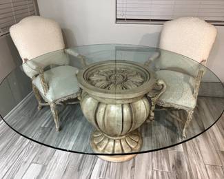 66" round beveled 1/2 inch tempered glass Dining table top, with 32' round carved sculpted wooden base, engraved leaf design on top, shades of beige & taupe, will sell pieces separately!