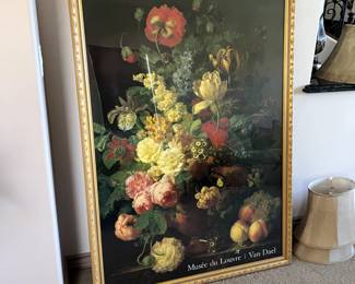 Ex lg Van Dael Musee de Louvre print, floral and fruit, gold embellished ornate frame.  42"w x 57"t