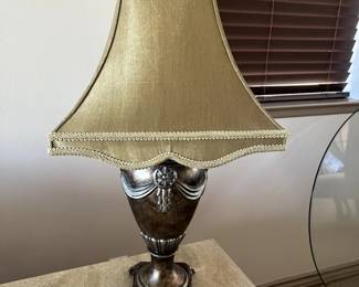 Lamp, bronze base with bronze finial, sage silk pleated, shade. 31" t