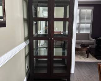 C11 - $350. Ethan Allen Lighted Display / China Cabinet. Measures 38" wide x 17" deep x 80" tall. Excellent Condition. 2 of the shelves are adjustable - center shelf is fixed.