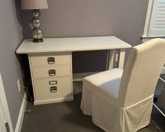 C68 - $300. Pottery Barn Bedford White 3 drawer Desk with chair. Drawers can be on either side! Measures 52" wide x 23" deep x 29" tall.