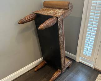 C14 - $225. Measures 54" x 20.5" x 27" tall. Leather upholstered entry bench. Leather is in very good condition. Rattan arms show a little bit of wear.