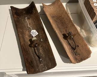 C96 - $40. Pair of Terra Cotta Wall Sconces. Right one has a chip on top corner.