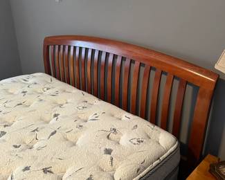 C31- $350. Queen Size Solid Wood Bed Frame. (Includes clean Kingdown Melrose mattress & boxspring if you want them) Measures 63" wide x 87" long x 45" tall headboard.