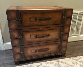 C15 - $75. 3 Drawer storage cabinet. Measures 33.5" wide x 17' deep x 31.5" tall. All 3 drawers slide easily. Map design. Has decorative leather straps and handles. Does have wear on corners.