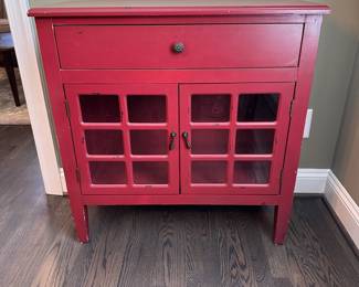 C8 - $45. Red Shabby Chic Cabinet. Measures 32" wide x 13" deep x 33" tall. One drawer - no shelves inside doors.