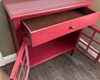 C8 - $45. Red Shabby Chic Cabinet. Measures 32" wide x 13" deep x 33" tall. One drawer - no shelves inside doors.