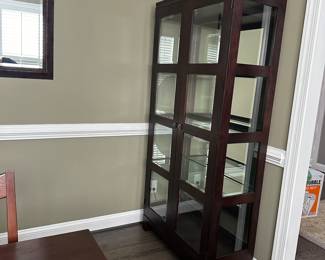 C11 - $350. Ethan Allen Lighted Display / China Cabinet. Measures 38" wide x 17" deep x 80" tall. Excellent Condition. 2 of the shelves are adjustable - center shelf is fixed.