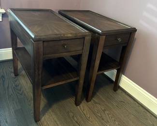 C5 - $400 PAIR. Bassett Palisaides Living Room Chairside Tables. Measures 14" wide x 24" deep x 24" tall. Sunburst veneer pattern using American Walnut. Excellent Condition.