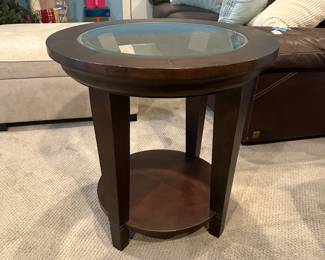 C88 - $25. Single Side Table wood & glass gently worn. Sturdy & clean! Measures 25" round x 25" tall.