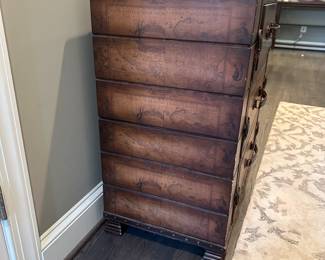 C15 - $75. 3 Drawer storage cabinet. Measures 33.5" wide x 17' deep x 31.5" tall. All 3 drawers slide easily. Map design. Has decorative leather straps and handles. Does have wear on corners.